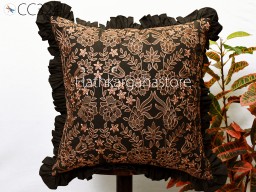 Brown Embroidered Frill Throw Pillow Cushion Cover Handmade Embroidery Decorative Home Decor Pillowcase Housewarming Bridal Shower Wedding