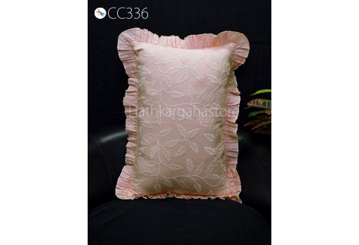 Peach Embroidered Frill Throw Pillow Cotton Euro Sham Rectangle 12X 26 Cushion Cover Decorative Pillowcase Housewarming Gifts Home Decor