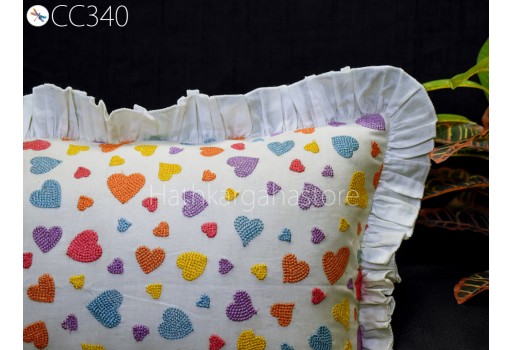 Hearts Embroidered Frill Throw Pillow Cotton Euro Sham Rectangle 12X 26 Cushion Cover Decorative Pillowcase Housewarming Gifts Home Decor.