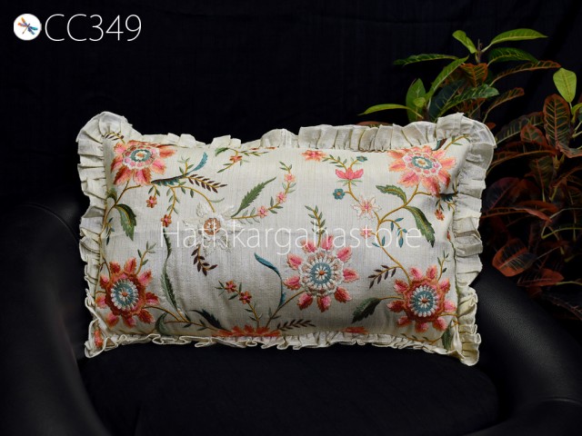 Ivory Embroidered Frill Throw Pillow Dupioni Euro Sham Rectangle 12X 26 Cushion Cover Decorative Pillowcase Housewarming Gifts Home Decor