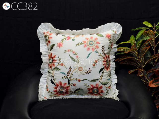 Ivory Embroidered Cotton Throw Pillow Decorative Home Decor Pillowcases Cushion Cover Handmade Embroidery Housewarming Bridal Shower Gift
