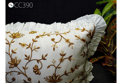White Embroidered Frill Throw Pillow Lumbar Cotton Euro Sham Rectangle 12X 32 Cushion Cover Decorative Pillowcase Housewarming Gifts 26x26..