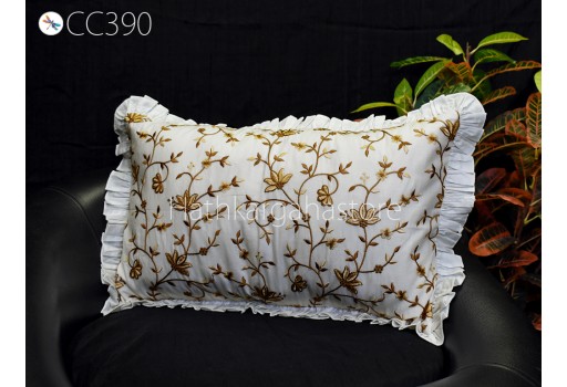 White Embroidered Frill Throw Pillow Lumbar Cotton Euro Sham Rectangle 12X 32 Cushion Cover Decorative Pillowcase Housewarming Gifts 26x26..