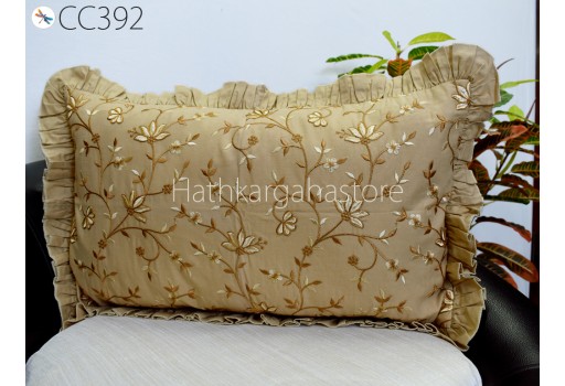 Brown Embroidered Frill Throw Pillow Lumbar Cotton Euro Sham Rectangle 12X 32 Cushion Cover Decorative Pillowcase Housewarming Gifts 26x26.