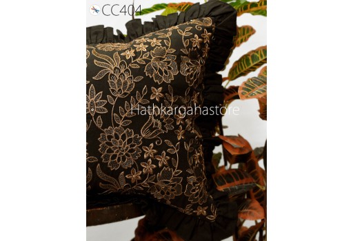 Brown Embroidered Frill Throw Pillow Lumbar Cotton Euro Sham Rectangle 12X 32 Cushion Cover Decorative Pillowcase Housewarming Gifts 26x26.