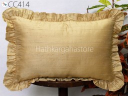 Beige Silk Lumbar Throw Pillow Dupioni Frill Silk Pillowcase Rectangle 12x26 Cushion Cover Handmade Decorative Home Decor Housewarming Gift