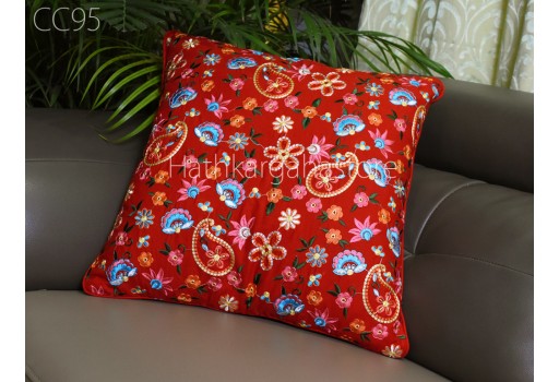 Red Embroidered Cushion Cover Handmade Embroidery Throw Pillow Indian Decorative Home Decor Pillow Cover House Warming Bridal Shower Wedding Gifts