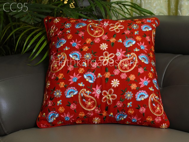 Red Embroidered Cushion Cover Handmade Embroidery Throw Pillow Indian Decorative Home Decor Pillow Cover House Warming Bridal Shower Wedding Gifts