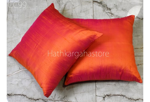 Indian Orange Hot Pink Dupioni Pure Silk Cushion Cover Handmade Throw Pillow Decorative Home Decor Silk Pillowcase House Warming Bridal Wedding Gift