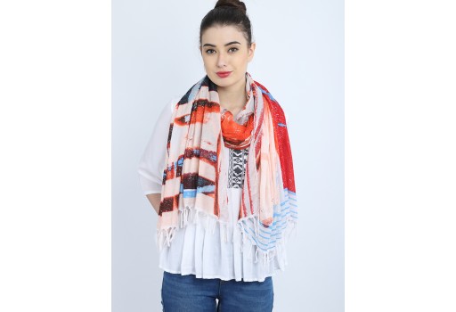 Multi color bohemian long scarf evening stole wrap Indian polyester christmas birthday women fashion accessories online decorated designer soft and stylish wedding wear summer shawls for ladies