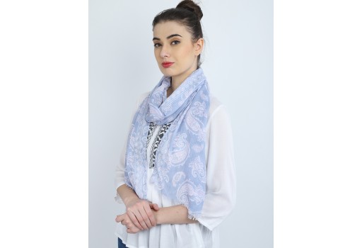 Sky blue color decorated paisley printed scarfs by 1 pieces online beautiful handmade fashion accessory scarves indian polyester designer stoles christmas birthday bohemian long scarf evening stole wrap for summer