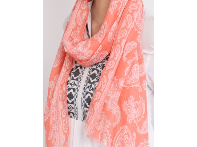 Peach and white color Indian decorative paisley printed women accessory scarves indian polyester christmas birthday bohemian long scarf evening wrap outdoor amazing collage wear stole for girls