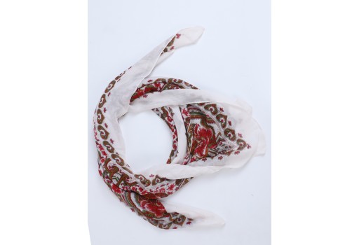 Ivory Red Floral Stole Head Cowl Neck Indian Rayon Bandana Headscarf Women Scarves Gift for Her Girlfriend Christmas Birthday Square Scarf
