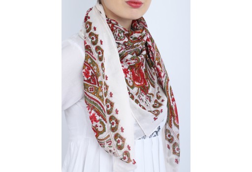 Ivory Red Floral Stole Head Cowl Neck Indian Rayon Bandana Headscarf Women Scarves Gift for Her Girlfriend Christmas Birthday Square Scarf