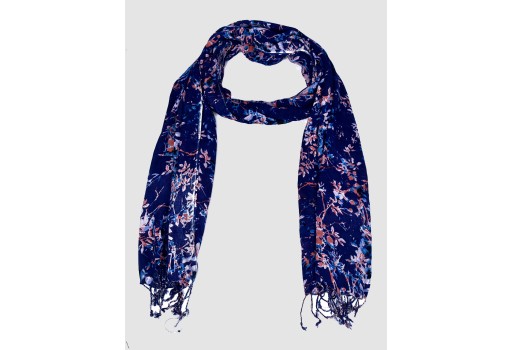Blue Printed Indian Rayon Women Fashion Accessory Scarves Gift for Mom Girlfriend Christmas Birthday Bohemian Long Scarf Evening Wrap Stole