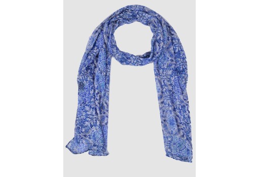 blue and white color women printed long scarf online beautiful decorative floral printed accessory scarves indian polyester gift mom girlfriend christmas birthday bohemian evening stole wrap
