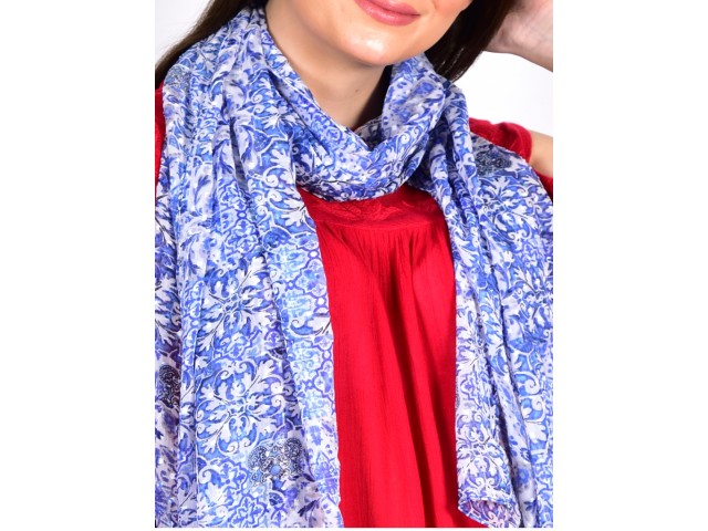blue and white color women printed long scarf online beautiful decorative floral printed accessory scarves indian polyester gift mom girlfriend christmas birthday bohemian evening stole wrap