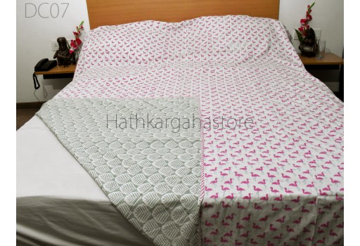 Flamingo Block Print Cotton Dohar Comforter Blanket Throw Indian Reversible Dohar Handmade Double Side Summer Ac Quilt Bohemian Home Decor