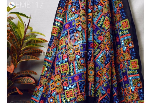 Indian Floral Embroidered Fabric by the Yard Georgette Blue Embroidery Sewing Curtain DIY Crafting Summer Women Dress Material Drapery Home Décor Table Runner Decorative Fabric