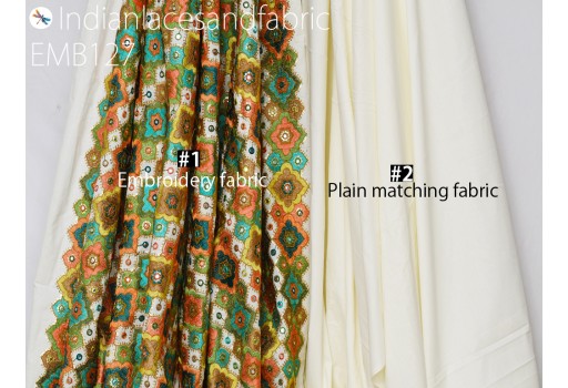 Indian Ivory Embroidered Cotton Fabric by the Yard Embroidery Summer Dresses Party Costumes Dolls Bags Cushions Table Runner Sewing DIY Crafting Home Décor Fabric