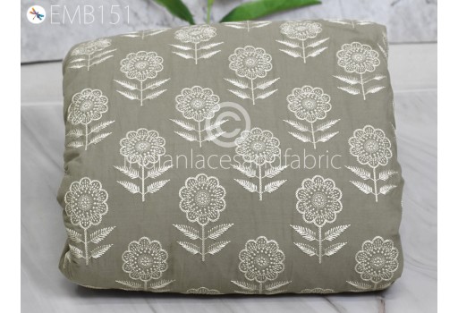 Floral Embroidered Grey Cotton Fabric by the Yard Indian Embroidery Sewing DIY Crafting Women Summer Dresses Costumes Tote Bag Curtain Table Runner