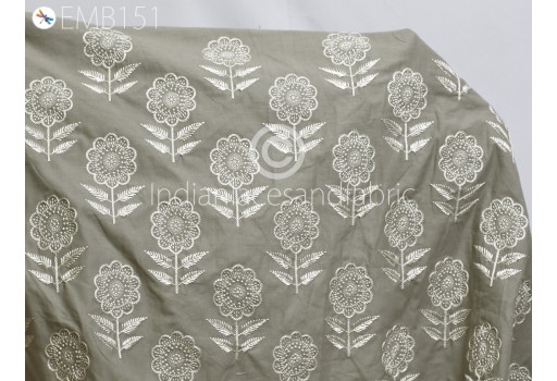 Floral Embroidered Grey Cotton Fabric by the Yard Indian Embroidery Sewing DIY Crafting Women Summer Dresses Costumes Tote Bag Curtain Table Runner
