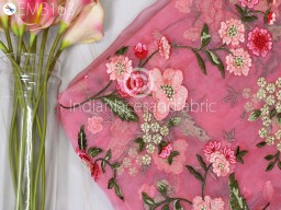 Embroidery Pink Floral Sari Fabric Embroidered Organza Indian Saree Fabric by the Yard DIY Crafting Sewing Wedding Dresses Bridal Costumes Dolls Hair Crafts Fabric