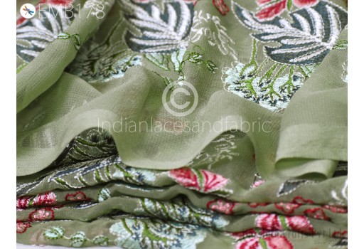 Indian Green Embroidered Fabric by the Yard Georgette Embroidery Sewing Curtain DIY Crafting Summer Women Dresses Material Drapery Kids Hair Crafts