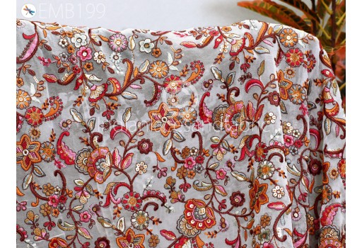 Indian Off White Georgette Embroidered By The Yard Fabric Embroidery Sewing Curtain DIY Crafts Summer Women Dress Material Drapery Home Décor Cushion Cover
