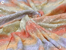 Peach Sequin Embroidery Fabric by the Yard Indian Georgette Saree Embroidered Crafting Sewing Sequined Wedding Dress Costumes Doll Making