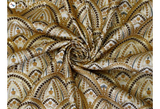 Ivory Embroidered Fabric by the yard Sewing DIY Crafting Indian Embroidery Wedding Dresses Costumes Dolls Bags Cushion Covers Sequins Home Decor Fabric