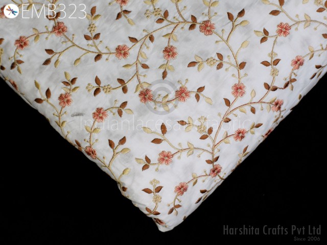 Peach Floral Embroidered Cotton Fabric by the Yard Indian Embroidery Sewing DIY Crafting Summer Women Kids Dresses Costumes Doll Bag Curtain Cushion Covers