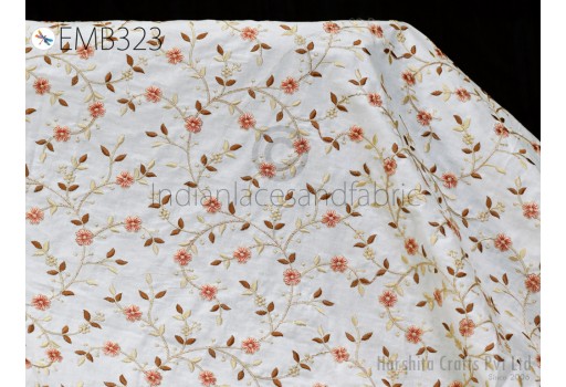 Peach Floral Embroidered Cotton Fabric by the Yard Indian Embroidery Sewing DIY Crafting Summer Women Kids Dresses Costumes Doll Bag Curtain Cushion Covers