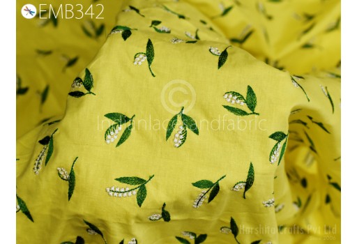 Yellow Embroidery Cotton by the Yard Fabric Indian Embroidered Sewing Crafting Summer Women Kids Dresses Costumes Doll Bag Curtain Cushion Fabric