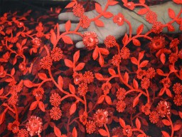 Red Black Net Tulle Embroidered Sari Fabric Floral Crafting Sewing Wedding Dress By The Yard Embroidery Fabric Bridesmaid Lehenga Kids Frock Clutches Quilting Party wear Gown