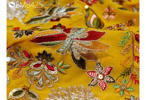 Yellow Embroidered Georgette Fabric by Yard Indian Embroidery Sewing Curtain Bridal Costumes Crafting Summer Women Dress Material Drapery Home Decor
