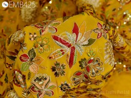 Yellow Embroidered Georgette Fabric by Yard Indian Embroidery Sewing Curtain Bridal Costumes Crafting Summer Women Dress Material Drapery Home Decor
