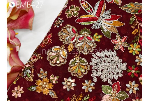 Maroon Embroidered Georgette Fabric by Yard Indian Embroidery Sewing Curtain Crafting Summer Women Dress Bridal Costumes Material Drapery