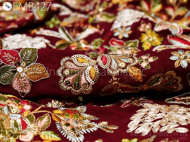 Maroon Embroidered Georgette Fabric by Yard Indian Embroidery Sewing Curtain Crafting Summer Women Dress Bridal Costumes Material Drapery