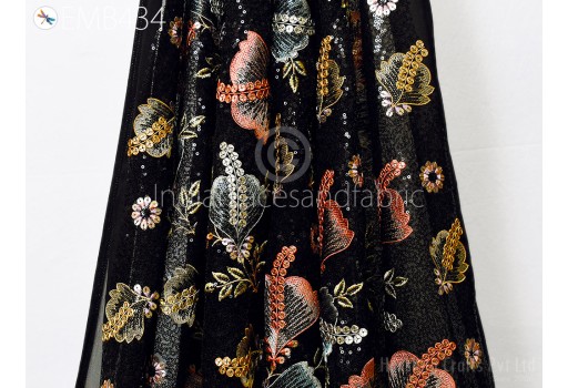 Black Sequin Embroidered Georgette Fabric by Yard Indian Embroidery Wedding Skirts Bridal Dress Material Party Costumes Sewing Crafting
