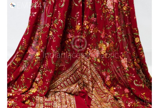 54'' Indian Embroidery Georgette Fabric by the Yard Embroidered Bridal Wedding Costumes Women Dresses Material with Border Sewing Crafting