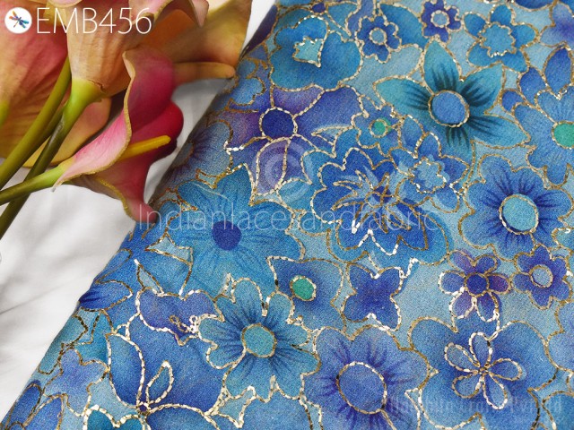 Blue Georgette Embroidery Indian Fabric by the Yard Sewing Curtain DIY Crafting Summer Women Dress Material Embroidered Drapery Home Decor
