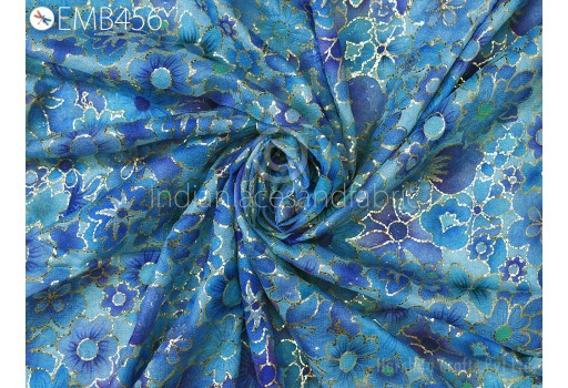 Blue Georgette Embroidery Indian Fabric by the Yard Sewing Curtain DIY Crafting Summer Women Dress Material Embroidered Drapery Home Decor