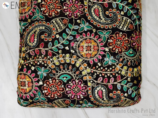Wedding Lehenga Material Black Sequin Embroidered Georgette Fabric by Yard Indian Embroidery Bridal Dress Making Costume Sewing DIY Crafting