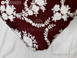 Burgundy Indian Embroidered by the yard Fabric Sewing DIY Crafting Embroidery Wedding Dresses Fabric Costumes Dolls Bags Cushion Covers Table Runners