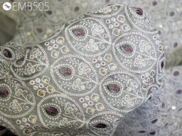 Light Grey Embroidered Fabric by the yard Sewing DIY Crafting Indian Embroidery Wedding Dress Costumes Dolls Bags Blouses