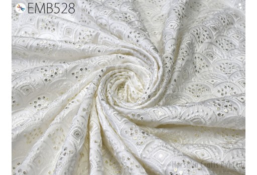 White Gold Sequins Embroidered Fabric by the yard Sewing DIY Crafting Wedding Dress Costumes Dolls Bags  Indian Embroidery Table Runners Fabric
