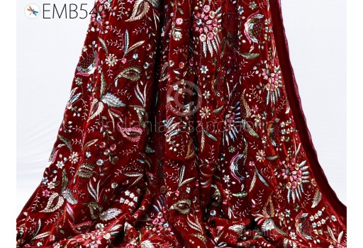Indian Deep Red Wedding Costumes Embroidered Velvet Fabric by the yard Sewing DIY Crafting Wedding Dress Doll Bags Table Runner Quilting
