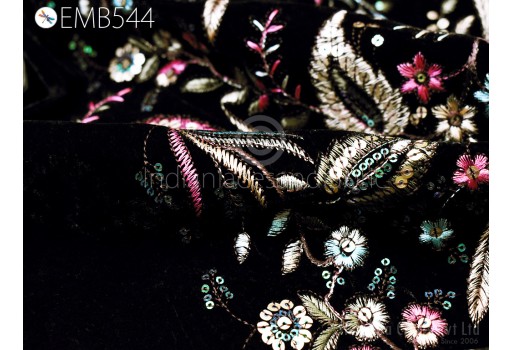 Indian Black Sequins Embroidered Velvet Fabric by the yard Sewing DIY Crafting Wedding Dress Costumes Doll Bags Long Coats Table Runner Quilting