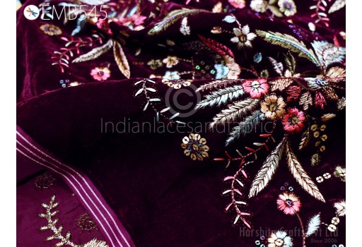 Wedding Lehenga Making Wine Indian Embroidered Velvet by the yard Fabric Bridal Dress Costumes Coats Table Runner Quilting Sewing DIY Crafting